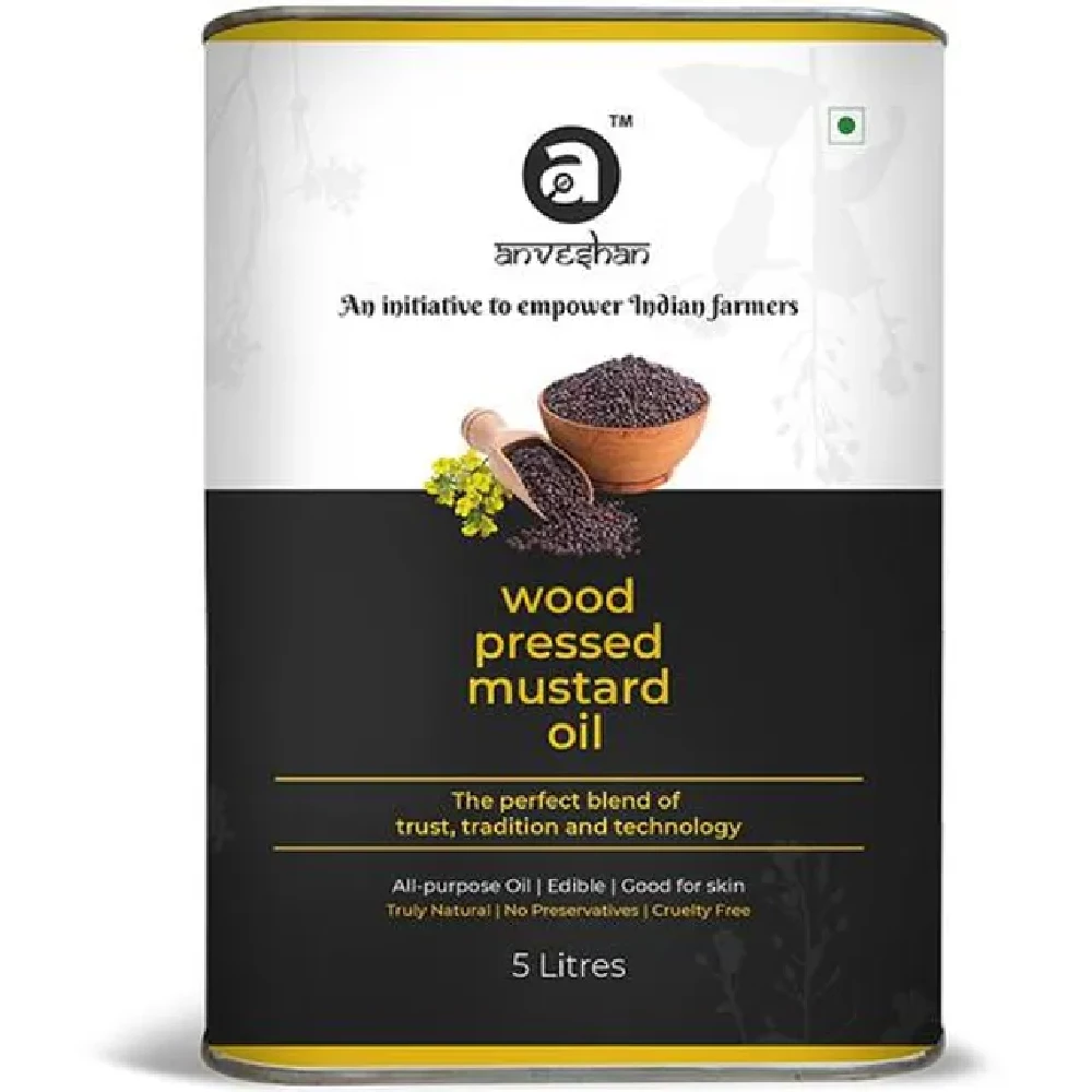 Anveshan Wood Cold Pressed Kachi Ghani Black Mustard Cooking Oil, 5 L Tin-1.webp